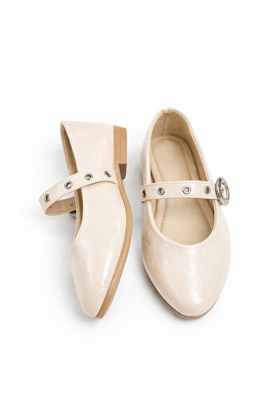 FootFrenzy Victoria Shiny Patent Leather Beige Buckle Women's Ballerinas – Ca...