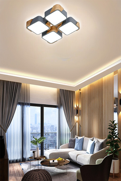 CATLUZ Kare Antrasit Kumandalı Dimli 3 Işık Renkli Ahşaplı 50x50cm Led Tavan ...