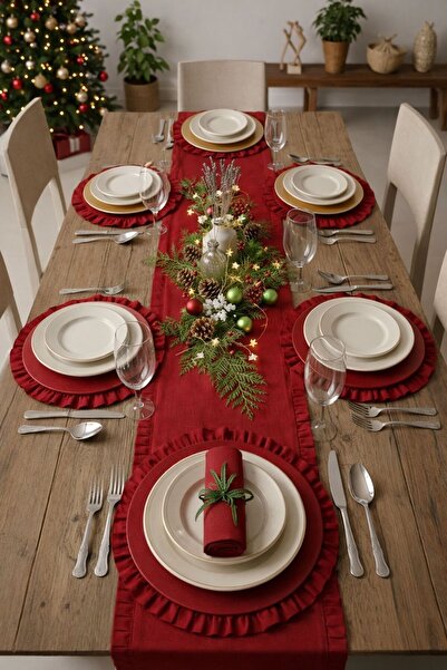 Le Touche طقم مفرش طاولة أحمر مكشكش ومفرش طاولة من 7 قطع مقاس 150×50