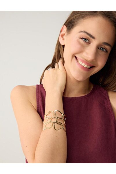 Jimmy Key Altın Rengi Parlak Çiçek Figürlü Kelepçe Bileklik