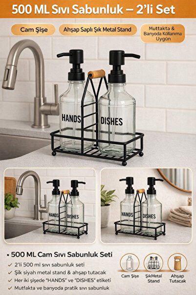 Hayveys 2'Li Siyah Stantlı Lİf Bölmeli Paslanmaz Çelik Sıvı Sabunluk Deterjan...