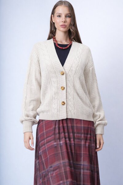 VAGGON Плетен кардиган с V-образно деколте, коса с плитки и балонни ръкави