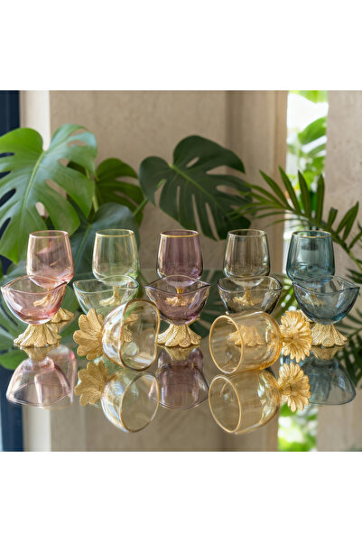 Elta Collection 12 Parça Renkli Kahve Yanı 6 lı Su Bardağı ve 6 lı Lokumluk -...