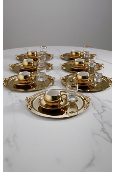 SİNİ Kulp Aksesuarlı Paslanmaz Çelik 6 Adet Yuvarlak Lüx Gold Kahve, Çay Sunu...