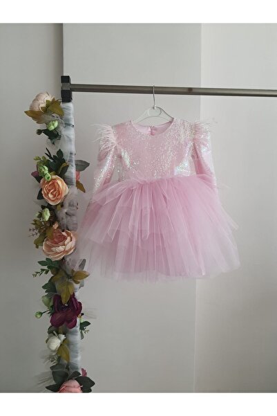 Kidstore Kız Çocuk Eteği Kat Kat Omuzları Tüylü Uzun Kollu Elbise