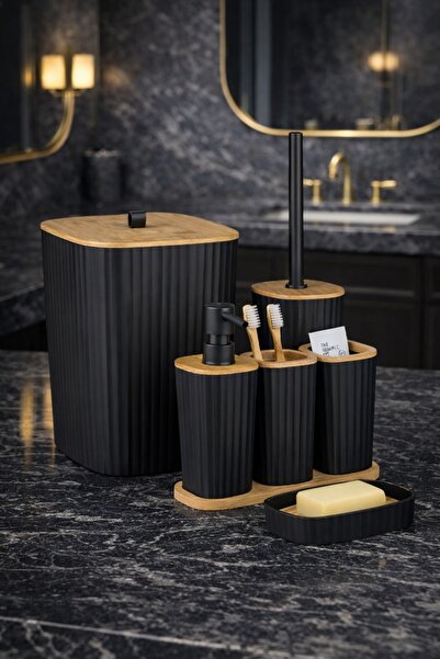 Okyanus Home Adhesive Real Bamboo Black 6-Piece Sapphire Bathroom Set