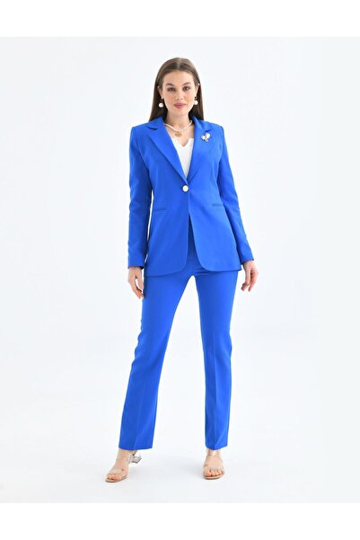nodilife Broş Detay Gold Düğmeli Atlas Takım Elbise Saks Mavisi