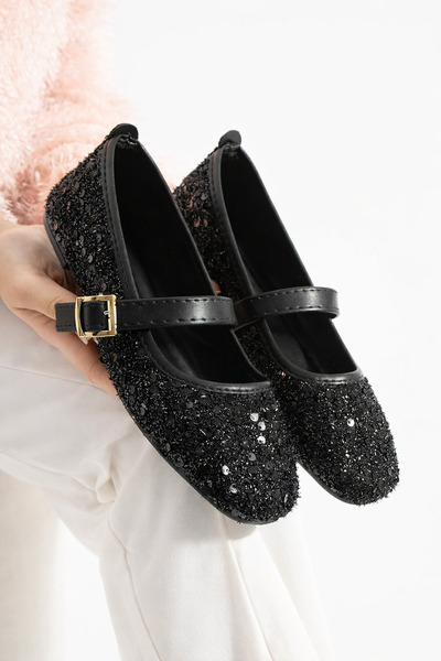 STOCON Balerini Mary Jane cu paiete negre argintii, cu cataramă elegantă, tal...