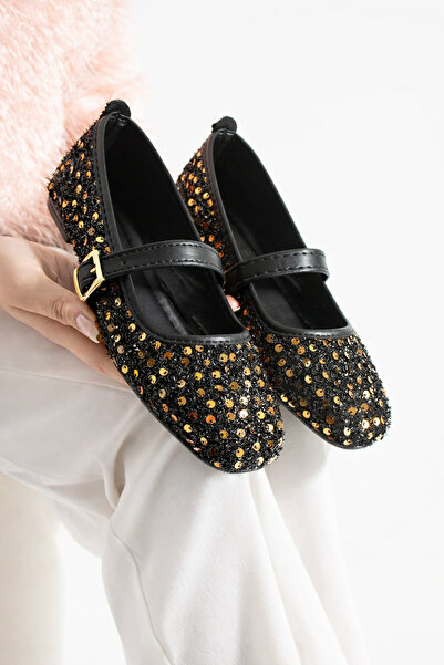 STOCON Balerini Mary Jane cu paiete aurii argintii, cu cataramă elegantă, tal...