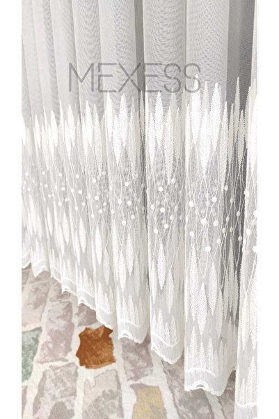 Mexess Nakışlı Desenli Tül Perde Güpürlü İşlemeli Salon Tülü Kırık Beyaz Sık ...