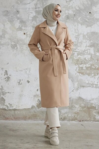 ALFUDO Moda Collection Tesettür Kuşaklı Uzun Kaşe Kaban