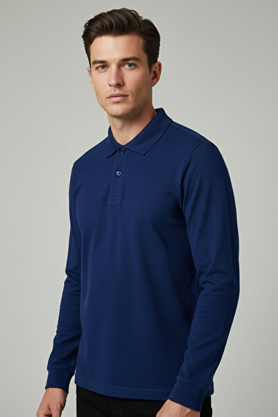 Çapıt تي شيرت ساكس أزرق للمدرسة/غير رسمي بأكمام طويلة وياقة بولو من القطن 100%