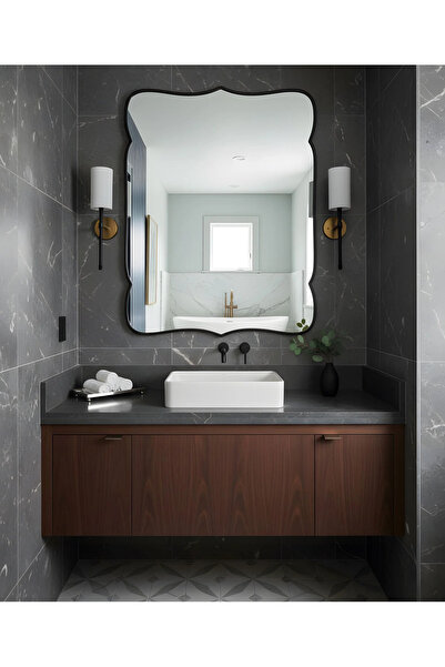 Fawdecor Premium Şık Ahşap Çerçeveli Asimetrik Ayna Ev Dekoru Estetik Duvar A...