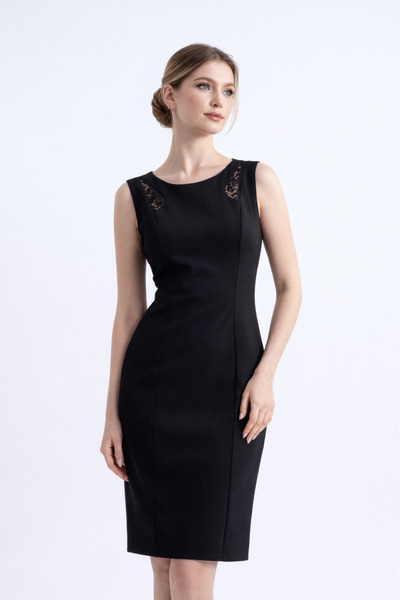 HOX'S Audrey | Dantel Garnili Dizüstü Kalem Elbise Kolsuz - Siyah