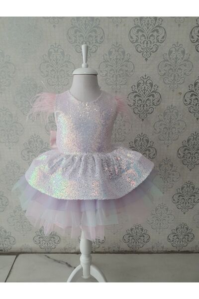 Kidstore Çocuk Pembe Pulpayet Ve Omuzlarında Tüy Detaylı Unicorn Elbise