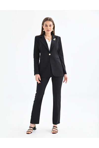 nodilife Broş Detay Gold Düğmeli Atlas Takım Elbise Siyah