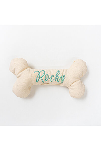 Kişiselleştirilebilir İsim Nakışlı Bej Pötikare Kemik Şeklinde Köpek Oyuncağı- Large Boy 24 cm