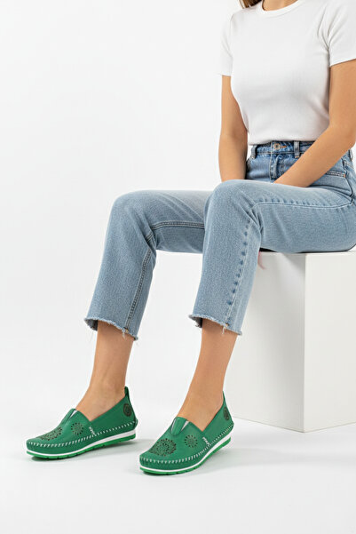 Deripabuc Balerini din piele naturală verde pentru femei Dp16-0065