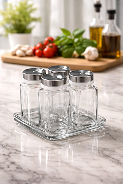 AENLINE HOME طقم توابل زجاجي مكون من 4 قطع - مع حامل، وغطاء من الفولاذ المقاو...