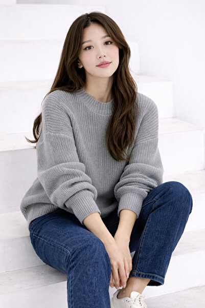 Kırlangıç Moda Gri Oversize Bisiklet Yaka Kadın Triko Kazak