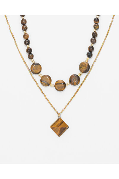 TARZ-I TAKI İKİ KOLYE Doğal Kahverengi Kaplan Gözü Taşı Özel Taş Uç Tasarım K...