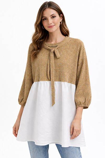 EFULİM Gofre Desen Bağcıklı Tunik Camel