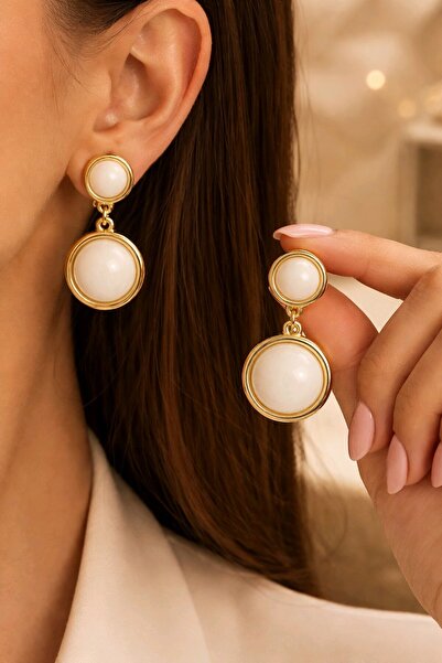 mos&more Gold Krem Boncuklu Sallantılı Küpe