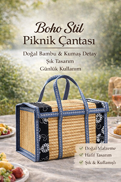 Berdina Home Stil Modern Piknik Dokuma Sepet Hasır Saklama Çantası Kapaklı Ba...