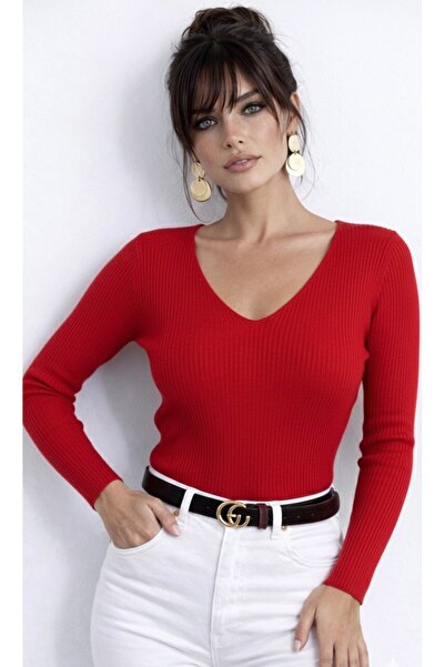 Be Best Women's Red V-Neck Knitwear Blouse Be339
