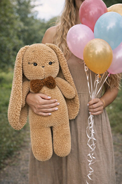 Homesinti İsim İşlemeli 60 cm Büyük Boy El Yapımı Amigurumi Tavşan Peluş Oyuncak