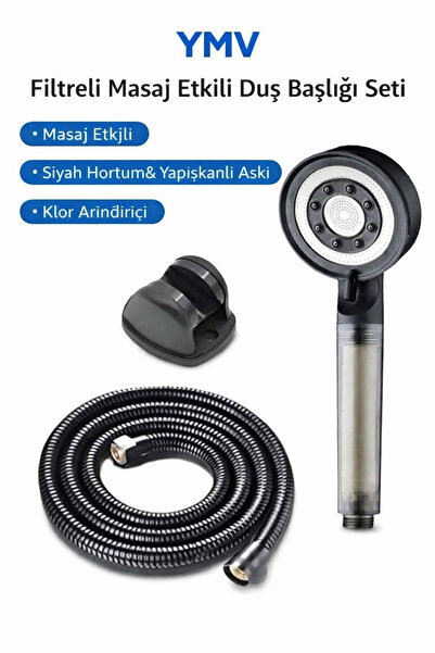 YMV Siyah Lüx Filtreli Duş Banyo Başlığı Seti | Kireç & Klor Önleyici, Hortum...