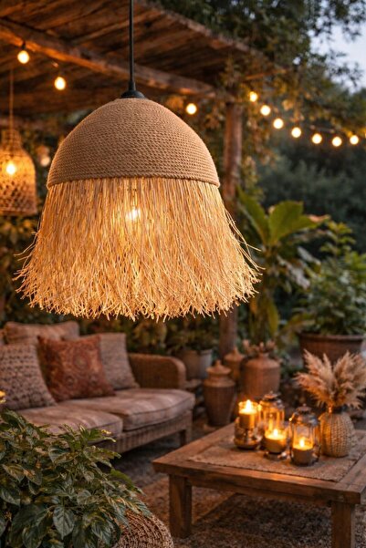 NuaCraft El Yapımı Rustik Bohem Aydınlatma Hasır Doğal Rafya Püsküllü Avize (...