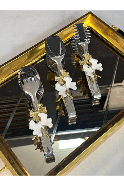 YNSK Luxury | L'Or Blanc | 3'lü Paslanmaz Beyaz Kelebek Dekorlu Çelik Maşa Seti