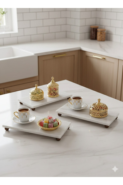 ümmühome Mermer Ayaklı Kahve Sunum Tepsisi Seti 3 lü – Fincan Altlığı & Şık S...