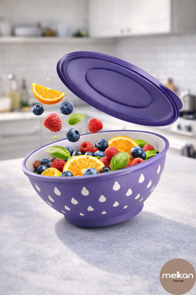 Melkan Home وعاء دائري منقوش بغطاء سعة 3 لتر باللون الأرجواني – وعاء تخزين مت...