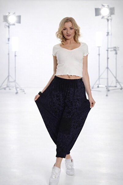 SİWELLİ Kadın Şalvar, Yumuşak Kumaş, Mor Şal Desenli, Yandan Cepli, Standart ...