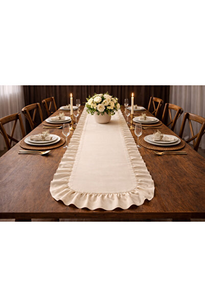 Kayaz home Fırfırlı Runner - Ham %100 pamuk kumaş 45x135 çeyizlik