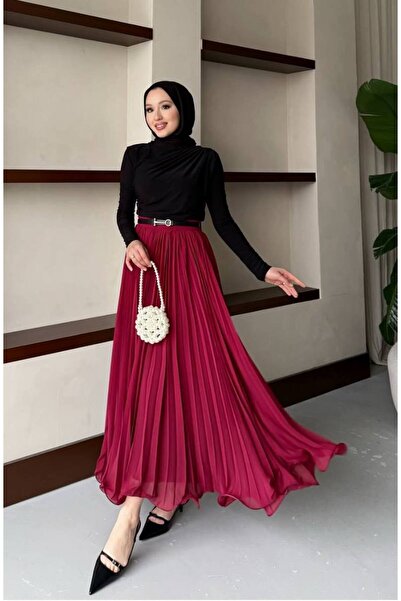 She Olive Long Chiffon Skirt with Pleated Mesh