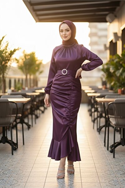 modasusev Σατέν Φόρεμα Χιτζάμπ με Κορδόνια