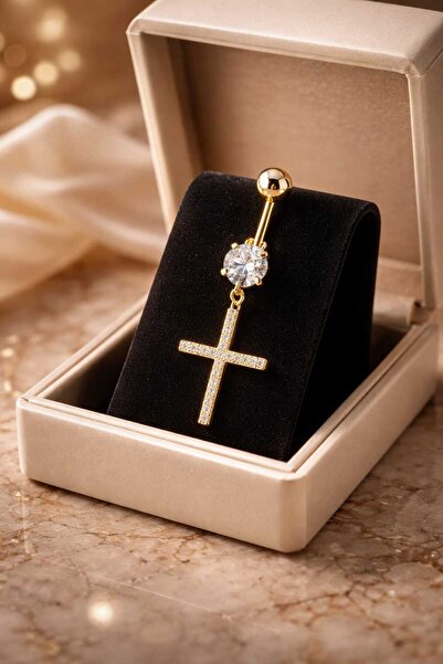 Begonia Accessories 316l Cerrahi Çelik Fashion Zirkon Taşlı Gold Haç Göbek Pi...