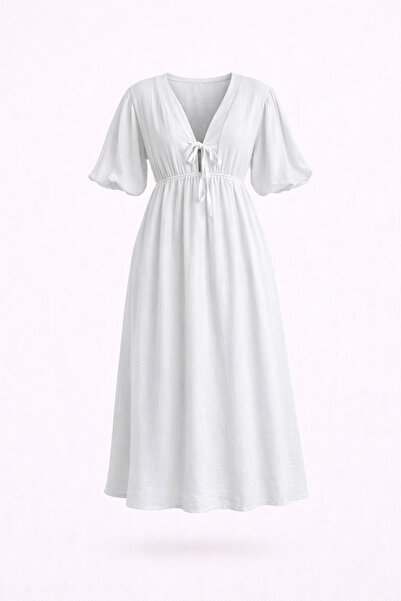 adba style Kadın Hafif Transparan Basic Önden Bağlamalı Müslin Elbise 4043