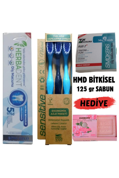 Herbadent Bitki Özlü Diş Macunu-Diş Beyazlatma Tozu-3'lü Diş Fırça-125 gr Hmd...