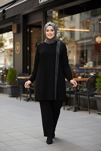 TRENDTESETTÜR KADIN SİYAH (SİYAH-TAŞ) ŞERİT DETAYLI TUNİK T 20312