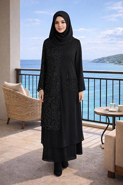 TRENDTESETTÜR KADIN SİYAH SİMLİ DANTELLİ İKİLİ ELBİSE TAKIMI T 2883