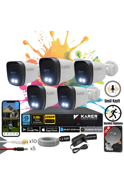 KARER Exitcam-5'li AHD Güvenlik Kamera Seti-Gece Renkli- Su Geçirmez-Sesli Ka...