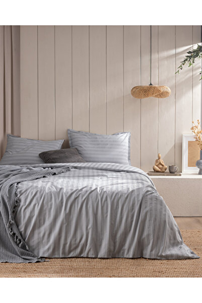 Madame Coco Melicia Single Cotton Striped Satin Duvet Cover Set - Gray