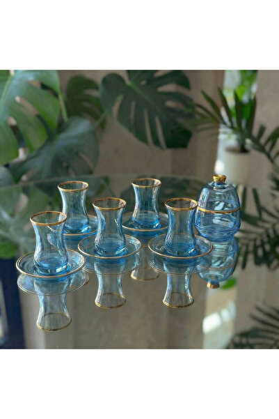 Elta Collection 13 Parça Mavi Lüster Altın Yaldızlı Cam Çay Seti – 6 Kişilik ...
