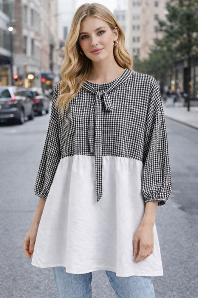 EFULİM Gofre Desen Bağcıklı Tunik Siyah