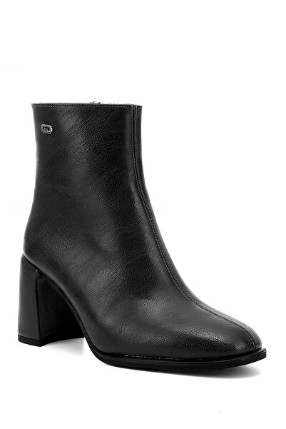 GÖNDERİ(R) Kadın Siyah Fermuarlı Küt Burunlu Kalın Topuklu Bot