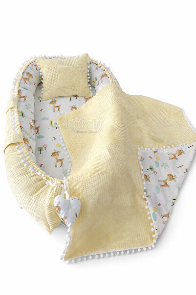 Jaju Baby Sarı Waffle Pike Kumaş Ceylan Tasarım Ponponlu 3'lü Jaju Babynest Set